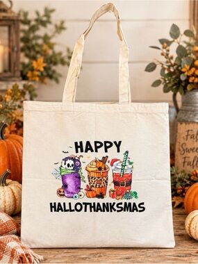 Happy Hallothanksmas Canvas Tote Bag - handcrafted 15 x 16